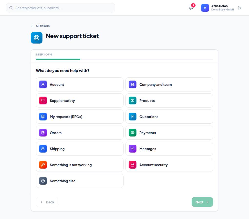 Step one of a new ticket: choosing what you need help with