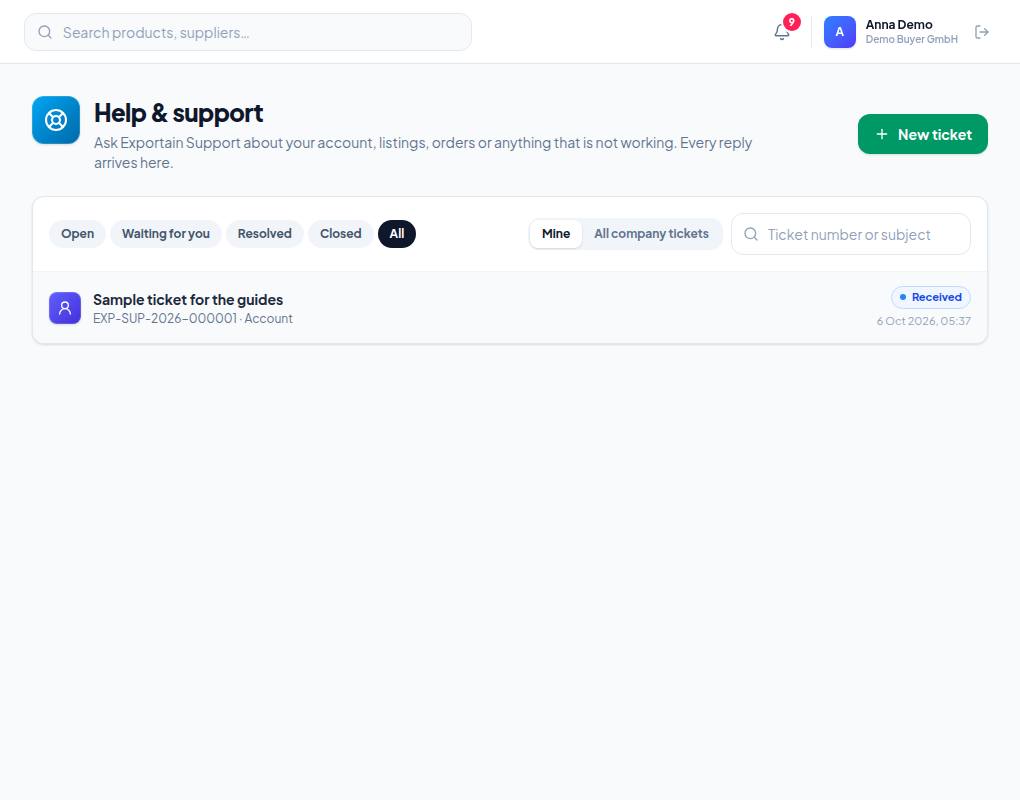 The Help & support page: New ticket button, status filters and a ticket