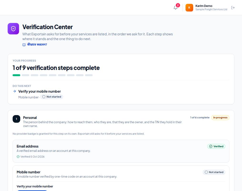 The top of the Verification Center: progress, next task and the first level's steps
