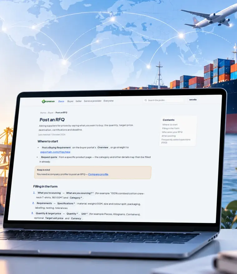 A laptop showing an Exportain guide, in front of a container port with a cargo ship and an aeroplane